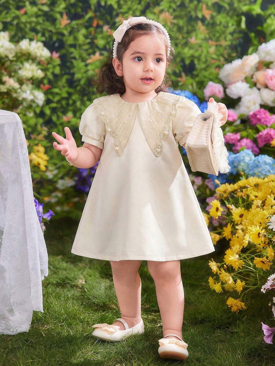 SHEIN 女婴圆领仿珍珠装饰休闲派对节日泡泡袖连衣裙 - 白色 - 查看 1