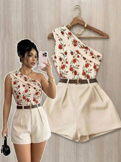 SHEIN Raffinéa 碎花针织吊带背心和高腰短裤套装，采用柔软针织面料制成，宽松飘逸的廓形，散发着热带度假风情，适合海滩度假或休闲外出穿着。