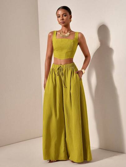 Zivah 新款春夏度假休闲鱼骨吊带上衣和阔腿裤两件套，带口袋，纹理面料