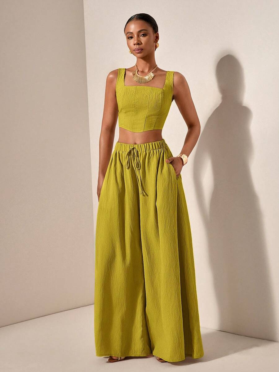 Zivah Bộ đồ thể thao mùa xuân/hè mới, kiểu dáng thường ngày gồm áo hai dây xương cá và quần ống rộng có túi, chất liệu vải có họa tiết. - Màu Mù tạt vàng - Xem 1