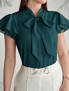 Modelyn Women's Solid Color Tie Collar Ruffle Hem Elegant Short Sleeve Blouse,Summer Top - Teal Blue - View 4