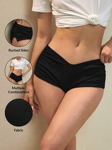 Swim Basics Quần short booty vải kẻ sọc xẻ tà xếp nếp mùa hè cho nữ, màu đen, đi biển, đi nghỉ, đơn giản - màu đen - Xem 1