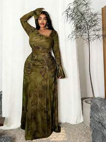 Maweii 大码女式印花不对称领口喇叭袖时尚连衣裙 - 橄欖綠 - 查看 5