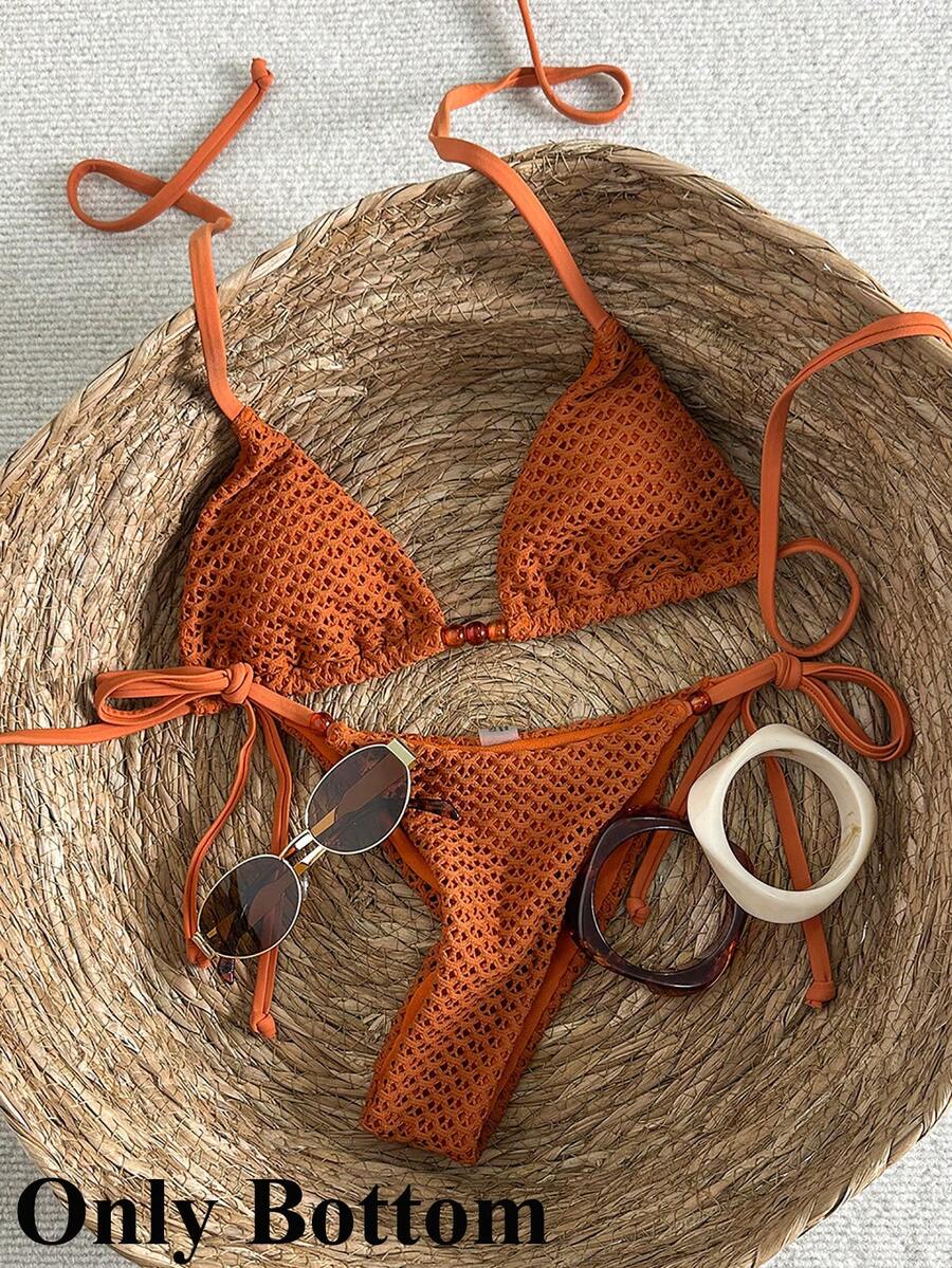 Swim Mod Women's Spring/Summer Jacquard Fabric Side Tie Beaded Bikini Bottom - Brown - View 1