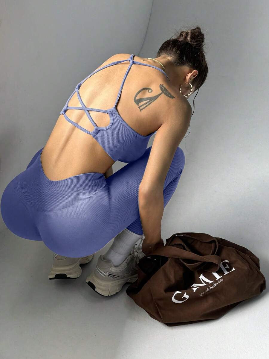 Easithlete Easithlete 两件套女士纯色后系带吊带背心和紧身裤运动套装,休闲运动健身服,适合中国新年瑜伽服/瑜伽服 - Bold Plum - 查看 1