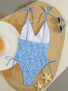 Swim Mod 女士连体随机热带碎花露背系带抽绳沙滩度假休闲派对泳衣 - 彩色 - 查看 2