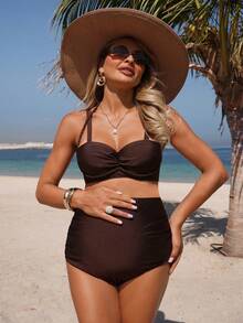 SHEIN Set Bikini Modis Berwarna Polos dengan Detail Kerut untuk Ibu Hamil, Cocok untuk Liburan di Pantai - MultiWarna - View 3