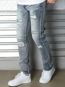 Logeqi® Jeans Rectos de estilo Rockero Vaqueros Lavados Rectos desgastados Casual Formal con Bolsos De Hombre - Azul - Ver 4