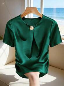 Airaco Blusa de satén con botones de metal elegante y de moda, camisa de manga corta casual de verano para vacaciones y viajes para mujeres - Verde - Ver 3