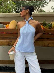 Muchica 女士梭织休闲度假露背无袖条纹上衣，春夏款 - 藍色 - 查看 4