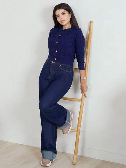 Hindelle Women Solid Color Front Button Casual Cardigan, Long Sleeve Fall Winter Cloth For Women