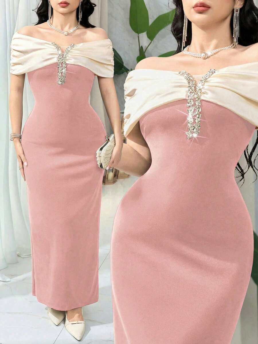 Feyla Women's Elegant Dress With Ruched Colorblock & Rhinestone Decor Off Shoulder