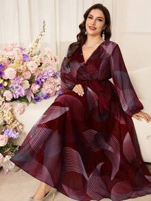 Modelyn Vestido midi listrado elegante e modelador de cintura para mulheres plus size - Borgonha - Ver 5