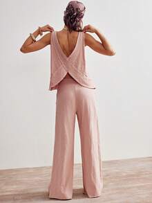 Bohemela Bộ 2 món gồm áo tank top và quần ống rộng dệt kim màu trơn dành cho nữ, kiểu dáng thường ngày. - Hồng - Xem 3