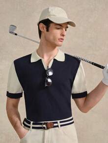男士撞色 Polo 领短袖休闲针织衫，适合网球、高尔夫、夏季穿着，也可作为父亲节礼物 - 查看 7