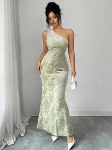 SHEIN Raffinéa Women's Green Flocked High Elasticity Mesh Bodycon Dress - Green - View 6