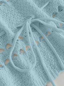 Sunnyshic 女士休闲简约优雅浪漫温柔日常通勤街头风百搭度假野餐设计感上衣，年轻露肩短袖抽绳镂空荷叶边杏色收腰大码套头衫时尚针织钩编毛衣，春夏 - 藍色 - 查看 7