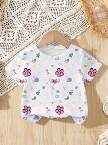 Áo thun ngắn tay cổ tròn in hình trái tim và hoa tối giản cho bé gái, thích hợp mặc vào mùa xuân, hè và thu. - Nhiều màu - Xem 4