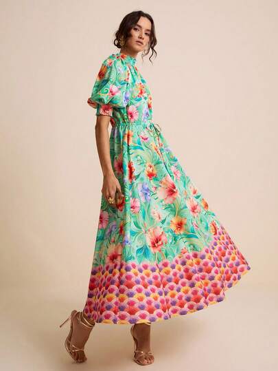 LOTSLUV Women's Spring/Summer Green & Fuchsia Tropical Floral & Pattern Placement Print, Stand Collar Puff Sleeve Waist Cinched A-Line Dress