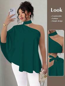 SHEIN Elenzya Plus Size Asymmetrical Shoulder Tie-Neck Printed Blouse - Dark Green - View 1