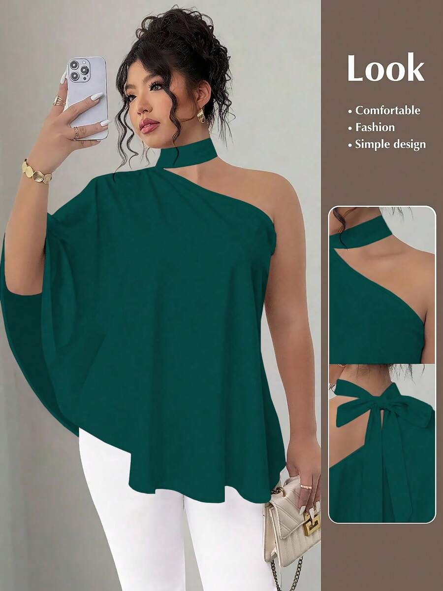 SHEIN Elenzya Plus Size Asymmetrical Shoulder Tie-Neck Printed Blouse - Dark Green - View 1