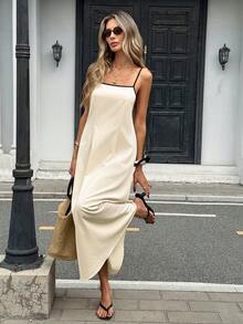 Pariaura 女士杏色和黑色撞色露背系带宽松连衣裙，适合休闲外出、度假、约会、通勤、下午茶、春夏穿着。 - 杏色 - 查看 5