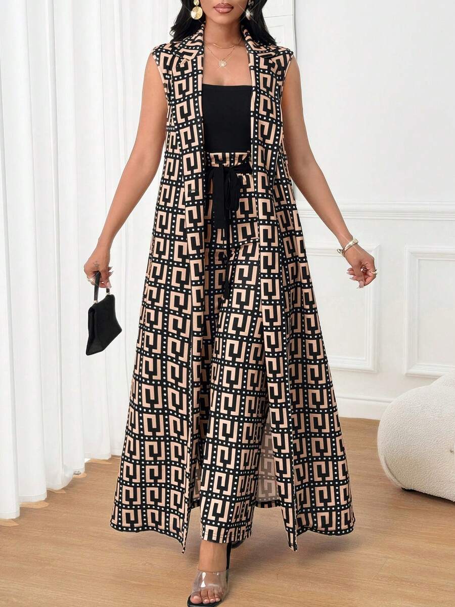 SHEIN Lady 女士格子印花无袖上衣和裤子休闲两件套 - 藕粉色 - 查看 1