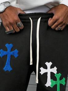 PAVTROS Men's Drawstring Waist Cross Embroidery Casual Sweatpants - Black - View 2