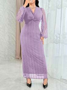Feyla Damen V-Ausschnitt Twist Design Laternärmel elegantes Kleid - Grauviolett - Übersicht 3