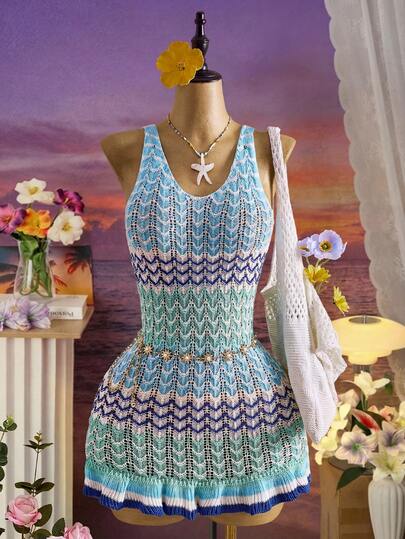 Femesol Women's Vacation Colorblock Striped Sleeveless Knit Dress