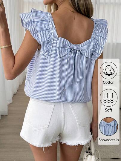 Easowa Women's Summer Casual Striped Bow Decor Cap Sleeve Blouse Women Fashion Striped Ruffled Cap Sleeve Blouse With Back Tie Bowknot Cotton Soft Summer Top
Chic Blue Striped Blouse For Women Square Neck Ruffle Sleeve Tie Back Detail Comfortable Cotton Summer Outfit For Women Vacation Outfits Women