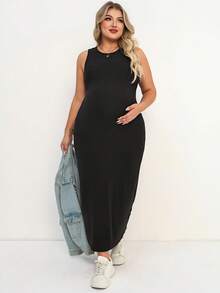 Plussiva Plus Size Pregnant Women's Casual Solid Color Sleeveless Fitted Dress, Summer - Black - View 5