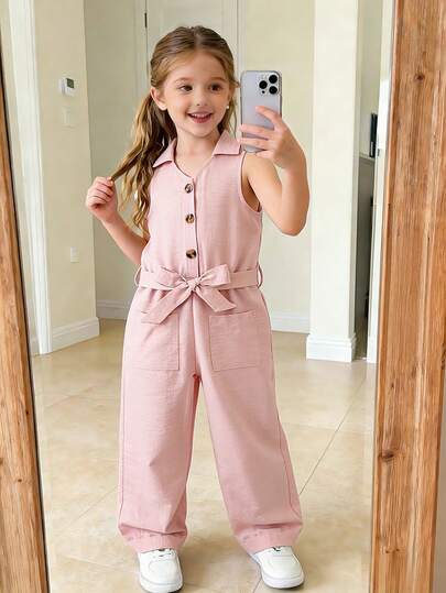 Pantalón de peto informal y versátil para niñas con cuello, botones delanteros y cinturón, con aspecto de tela vaquera suave y arrugada, adecuado para verano, picnic, exterior, conjuntos a juego, uso diario