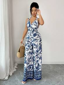 Islaluna V-Neck Tie-Waist Wide Leg Jumpsuit, Blue, Women's Romper, Casual Summer Outfit For Ladies - Blue - View 5