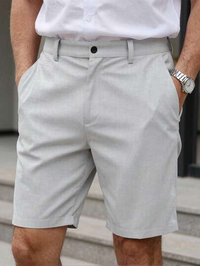 Manfinity CasualCool Men's Casual Slanted Pocket Shorts, Business Formal Shorts, Loose Fit, Knee-Length, Cool, Solid Color, Basic Summer Style.Men Old Money,Daily Leisure, Weekend Trips, Outdoor Activities, Travel Expeditions, Relaxed Work Environments Or Semi-Formal Occasions, Boyfriend/Husband Gift, Anniversary /Birthday Gift Party Summer Vacation Holiday,Wedding,Spring To Summer,Easter,Mens Casual Light Grey Shorts For Summer Comfort,Grey Shorts For Men,Men Dress Shorts,Shorts For Men Zipper,Shorts For Work,Streetwear Men Shorts