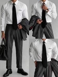 SWAVVY Men's Fashion Letter Embroidered Long Sleeve Shirt With Necktie - White - View 1