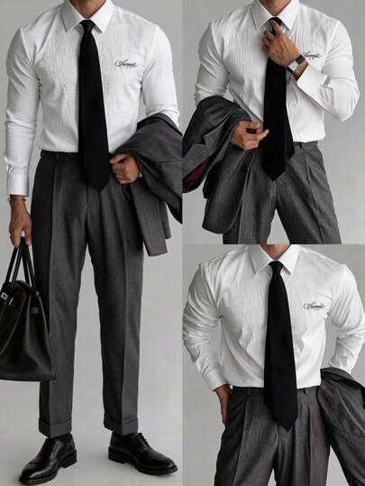 SWAVVY Camisa de manga larga con bordado de letras y corbata para hombre