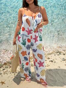 SHEIN EZwear 大码宽松舒适吊带背心和裤子两件套，适合海滩度假、海滩派对等场合，女士沙滩装，美人鱼沙滩装，珊瑚色夏季度假套装，女士夏季套装 - 彩色 - 查看 8