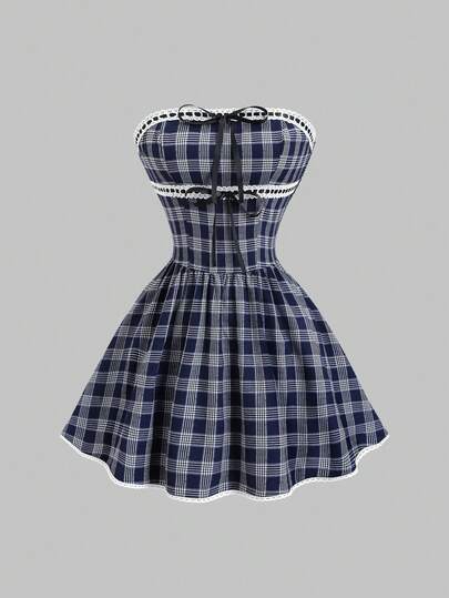 Sweetra 复古格子设计甜美缎带系腰A字拼接优雅蕾丝连衣裙，适合女性穿着。