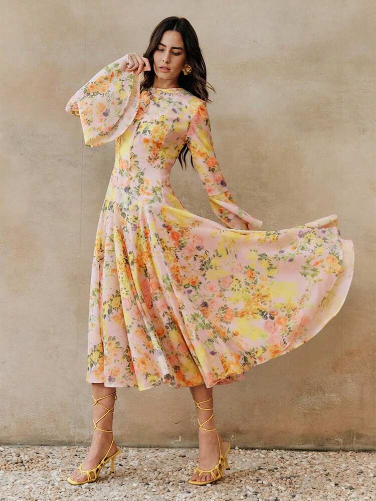 レディース 新作 春夏 小花柄 イエロー 長袖 フレアスリーブ マキシ丈 エレガントなバケーションドレス