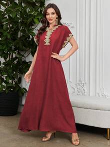 Al Najma Đầm thanh lịch cổ tàu thêu hoa tay raglan - Gỗ đỏ - Xem 6