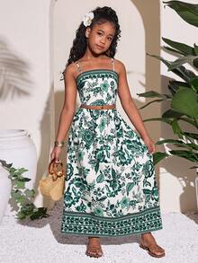 Tween Girl Casual Vacation Print Camisole Top And Mini Skirt Set - Green - View 3