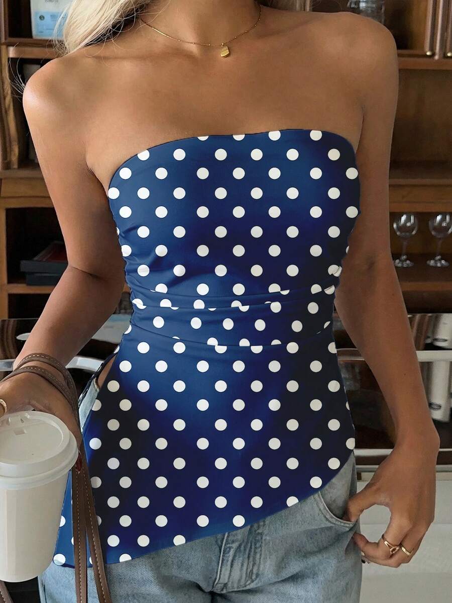 SHEIN EZwear 休闲简约蓝色波点印花女士夏季抹胸上衣，适合夏季、度假、海滩派对、泳池派对等场合。 - 彩色 - 查看 1