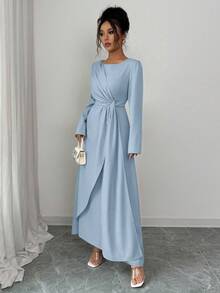 SHEIN Elenzya 女士纯色圆领褶皱优雅长袖连衣裙 - 淺藍色 - 查看 6