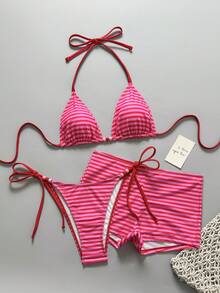 Bonvoyette 女士三件套泳衣：粉色条纹印花串珠挂脖比基尼上衣和低腰短裤，时尚休闲度假可爱性感女士泳装 - 玫紅色 - 查看 2