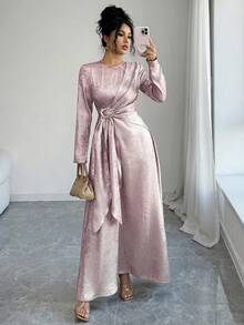 Elenzga Đầm maxi dài tay dáng chữ A màu trơn, chất liệu ánh kim, cổ tròn, thắt eo chéo, chất liệu vải ánh kim, dành cho nữ, thích hợp mặc đi làm, đi nghỉ mát, dự tiệc trà chiều. Đầm thanh lịch, đầm cổ điển, đầm dài tay dự tiệc, đầm dài dự đám cưới cho nữ. - Màu Hồng baby - Xem 3