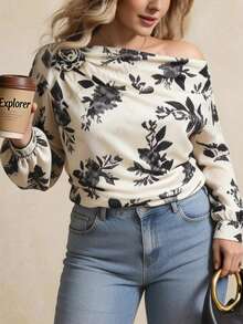 Modelyn Plus Size Floral Print 3D Floral Decor Ruffle Elegant Long Sleeve Shirt - Multicolor - View 1