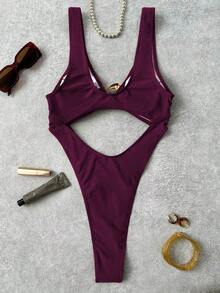 Bonvoyette 纯色粗肩带镂空时尚独特装饰性感度假连体泳衣 - 酒紅色 - 查看 2