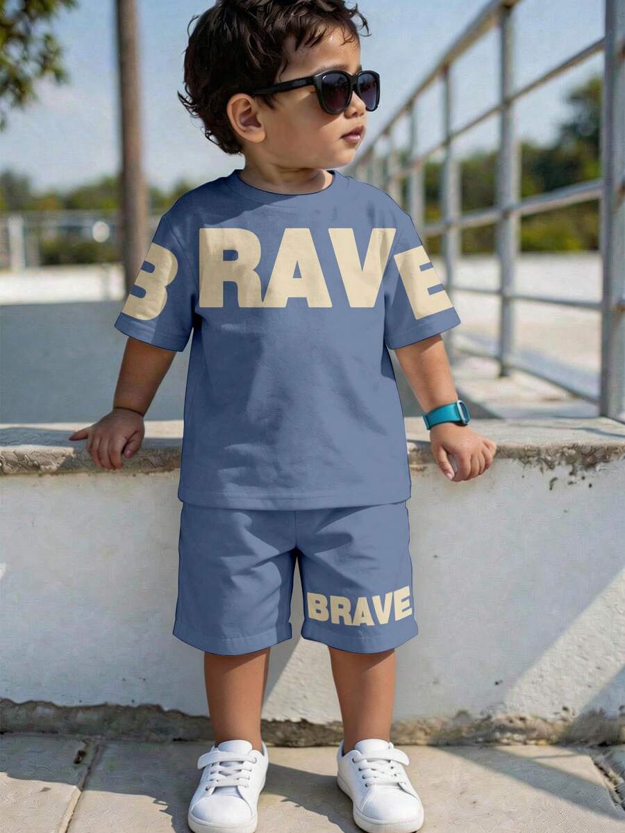 SHEIN 男童休闲简约T恤短裤套装，经典勇敢文字图案印花 - 彩色 - 查看 1