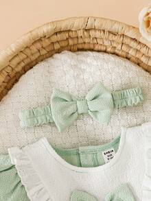SHEIN 2-teiliges Set Baby Mädchen Vintage Botanik Verzauberte Romantik 3D Schleife dekorierter Rüschenkragen Puff Kurzarm Weich Quetschbar Leicht Grünes Kleid Festkleid Sommerkleid Outfit für Ostern Hochzeit Geburtstag Party Urlaub Frühling Sommer - Minzgrün - Übersicht 3